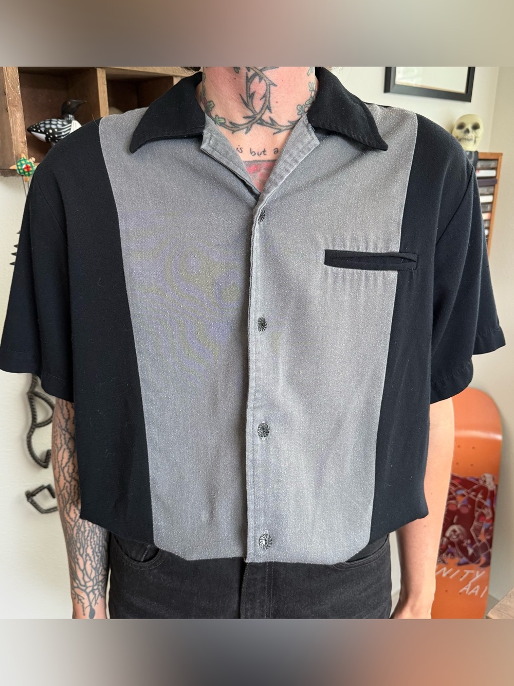 Vintage 90s Bowling Shirt Black & Gray Steady Classics ~ Size Medium